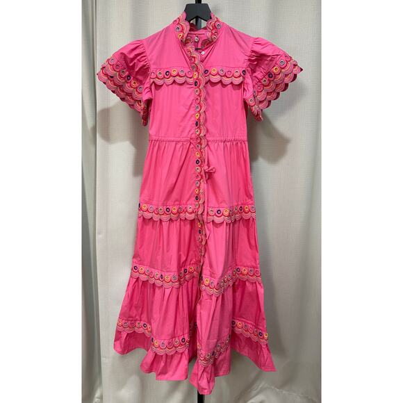 Celia B Alvis Embroidered Tiered Midi Dress Fuchsia Size XS NWT Colorful Scallop - Picture 2 of 16